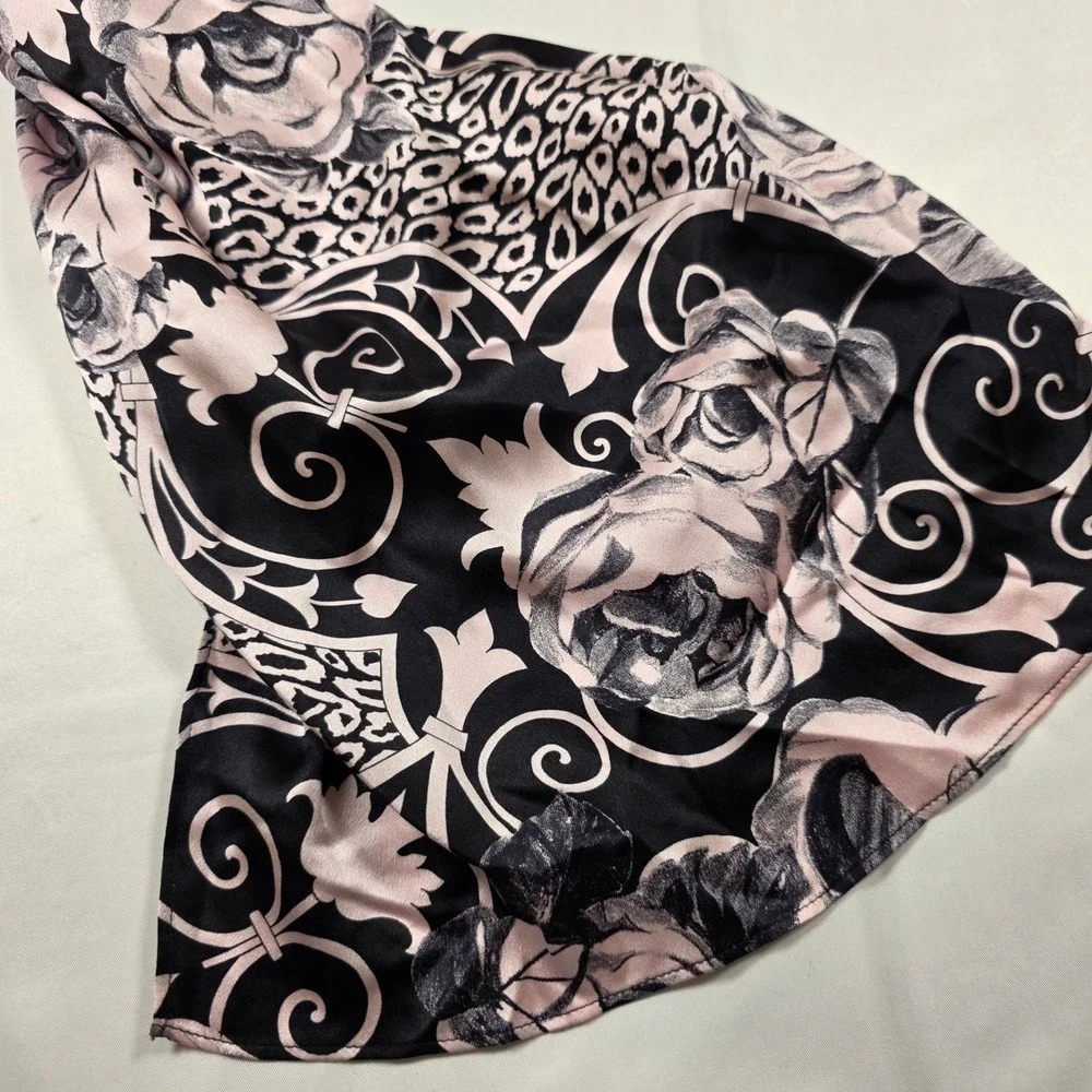 St. John Silk Scarf Pink Black Floral Leopard Print Fabric Rose Detail Stole